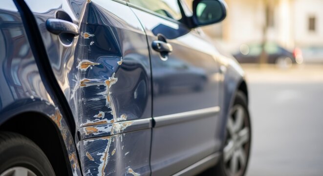 Close up of a blue car with a dented side door and deep scratches. Vehicle damage from a traffic accident. Auto insurance claim and car repair concept