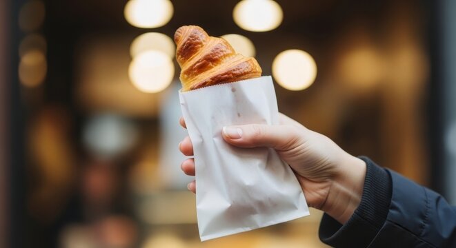 Close up of a hand holding a fresh golden croissant in a paper sleeve. Delicious french pastry with warm bokeh background. Takeaway breakfast concept