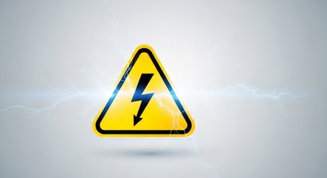 High voltage warning sign with electric lightning sparks. Yellow triangular danger symbol on a light background. Electrical hazard concept