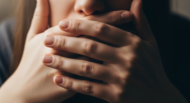 Extreme close up of hands covering a mouth. Concept of silence, censorship and keeping a secret. Person holding back speech with fingers over lips