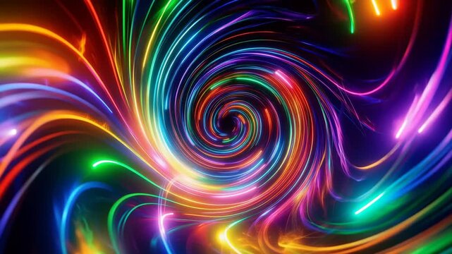 Abstract neon light swirl background with vibrant glowing colorful lines in a spiral vortex motion 4k video