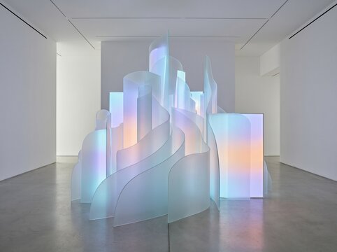 Translucent Wave Sculpture in Minimalist Art Gallery