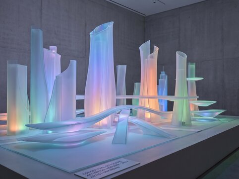 Miniature Futuristic Cityscape Model With Glowing Translucent Towers