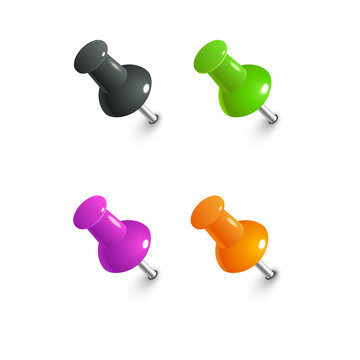 Set of four colorful plastic push pins in black, green, purple, and orange colors for office bulletin boards isolated on a transparent background