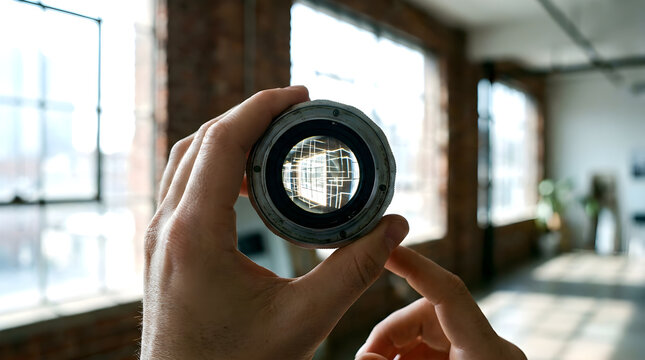 Close-up of a Person Holding a Professional Camera Lens in a Bright Industrial Studio Space