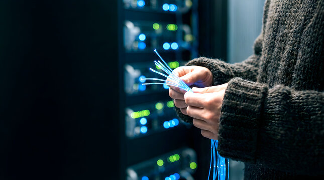Technician inspecting high speed fiber optic cables in a professional modern data center server room environment
