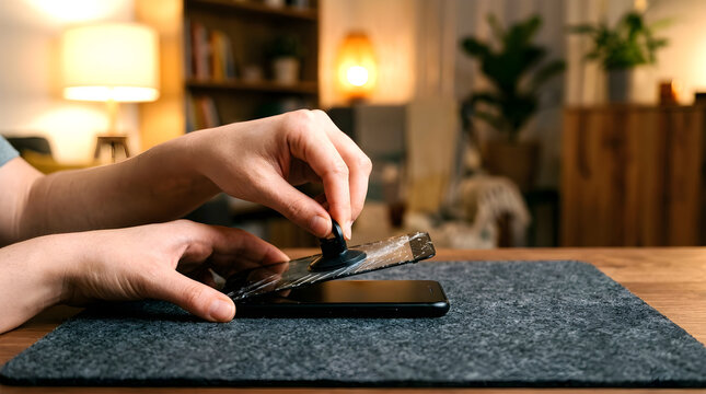 Person Carefully Applying Protective Glass Screen Protector onto Smartphone Display for Damage Prevention