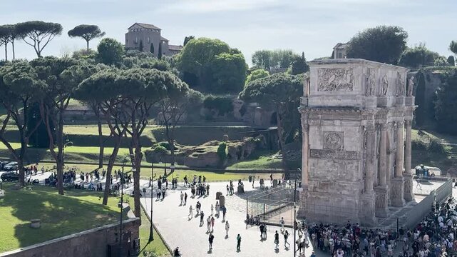 Elevated View of Arch of Constantine in Rome with Tourists