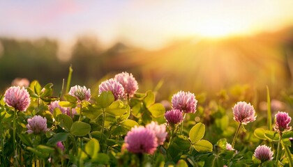 Obraz premium Blooming Clover Bushes With Sunlight In The Background On Sunny Day