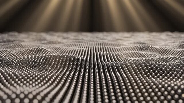 Abstract shimmering metallic particles forming a wavy landscape under golden light.