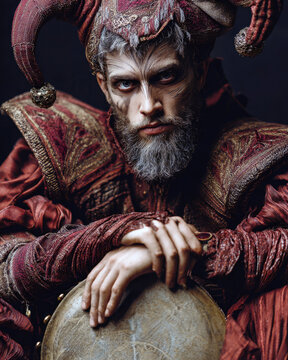 Dramatic portrait of a mature male actor dressed in an ornate medieval jester costume with detailed face paint makeup resting his hands on a classic tambourine musical instrument prop