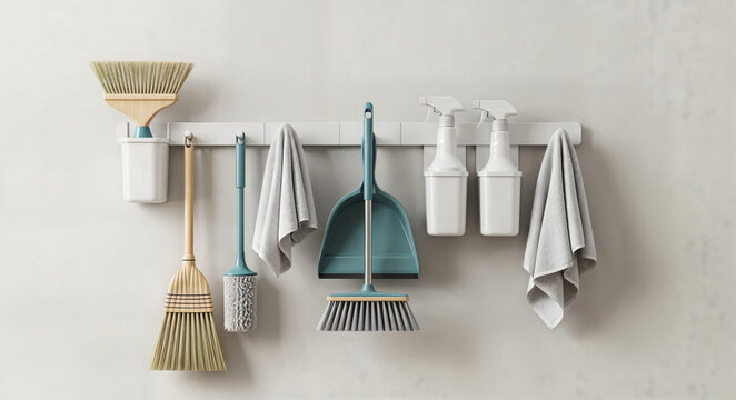 Cleaning tools organized on wall with modern design and colors  