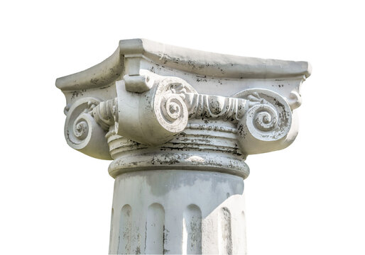 Ancient white stone ionic column capital architecture detail isolated on transparent background PNG