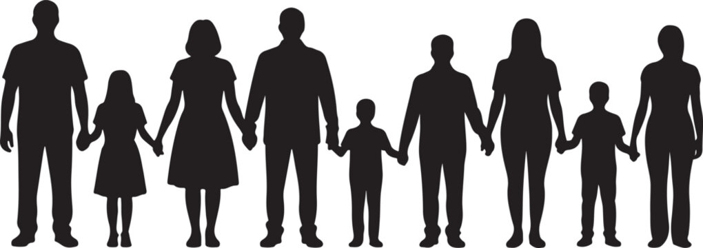 Silhouette of a large family holding hands, standing in a row, representing unity, togetherness, and support