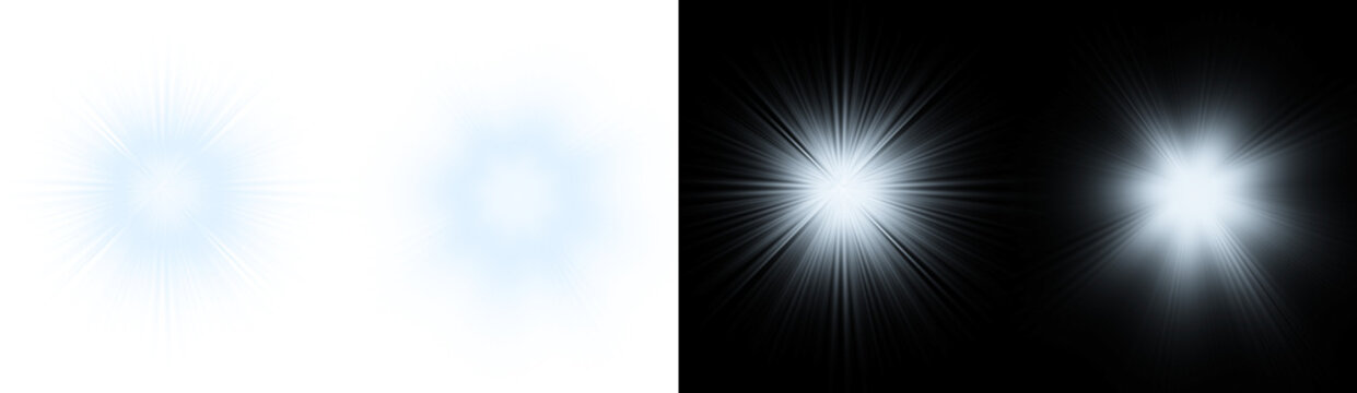 Glowing light burst effects on white and black backgrounds for design isolated on transparent background