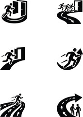 Fototapeta premium Collection of Running Figure Icons with Doors and Winding Paths vector