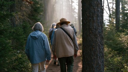 Obraz premium Senior Hikers Walking Along Sunlit Forest Path During Peaceful Guided Nature Tour