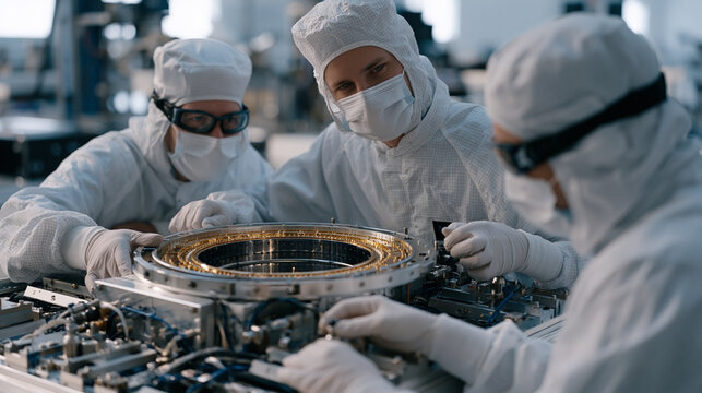 A GPS satellite modernization integration team mates a precision atomic clock module to a new navigation payload, clean room technicians using specialized fixtures as mission