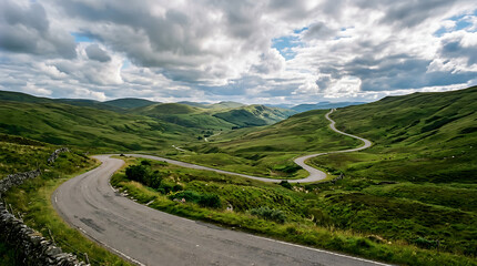 Fototapeta premium winding road through lush green rolling hills in Scotland under dramatic cloudy sky scenic countryside landscape rural travel destination picturesque vista mountain range natural beauty.