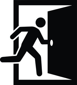 Running man icon exiting through an open door silhouette vector illustration