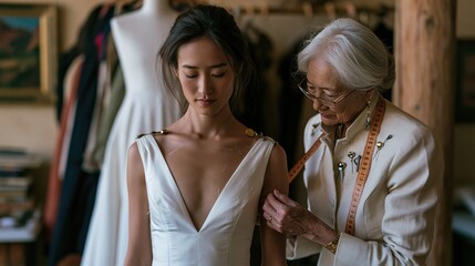Naklejka premium Experienced Fashion Designer Fitting Elegant White Wedding Dress on Young Bride in Atelier Studio