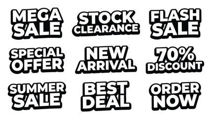 Obraz premium A collection of bold vector graphic sale stickers featuring black and white typography design elements