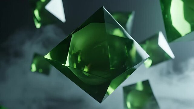 Abstract composition of green geometric shapes and spheres in ethereal light.