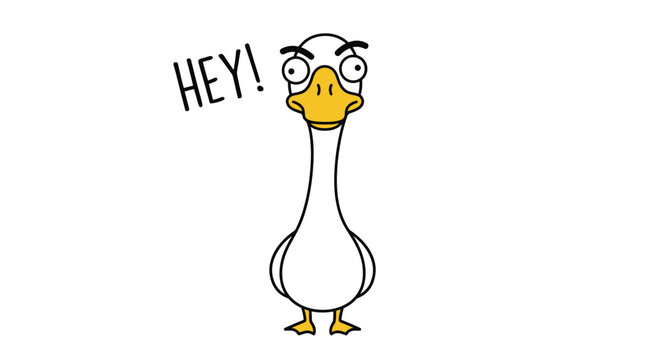 Funny cartoon vector illustration featuring a silly white goose shouting hey with an angry expression