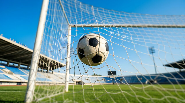 Soccer ball flying into goal net on green field during daytime sports event
