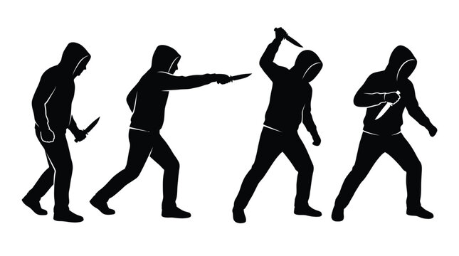 Four black silhouette vector illustrations of dangerous criminals wearing hooded sweatshirts and holding sharp knives