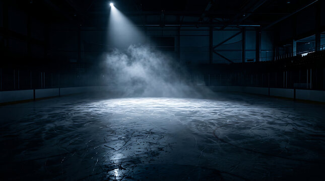 A spotlight shines down on a darkened ice rink in an abandoned warehouse at night.