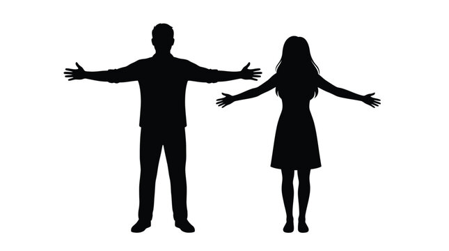 A black vector illustration of a man and a woman standing with arms held wide