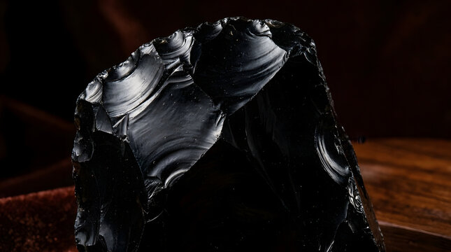 Close up macro shot of raw black obsidian stone with shiny sharp edges