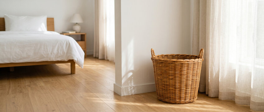 Empty wicker laundry basket standing in bright bedroom near bed. Basket for dirty clothes in minimalist interior. Home organization and storage solution for casual house lifestyle.