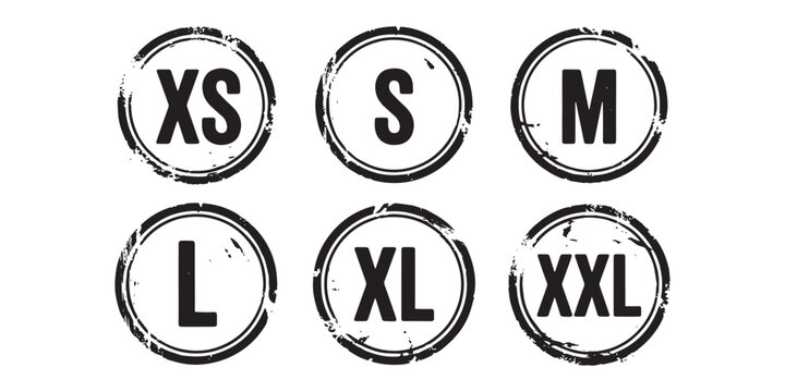 Clothing Size Label Stamp Icons Set. XS to XXL Apparel Size Symbols.
