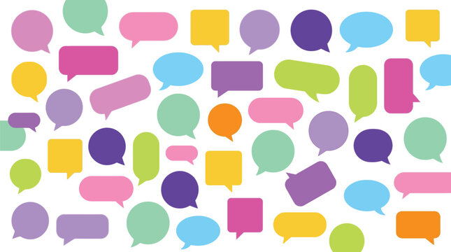 A vibrant vector illustration featuring various colorful speech bubbles arranged in a dynamic artistic pattern design