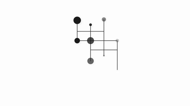 Abstract minimalist geometric composition featuring interconnected black and gray circles and lines on a white