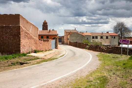 TE-V-9022 paved road entering Rodenas village, province of Teruel, Aragon, comarca of Sierra de Albarracin, Spain