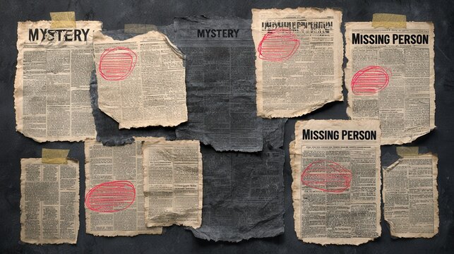 Multiple missing person notices and articles focused on mystery are displayed on a dark background with red circles highlighting key text