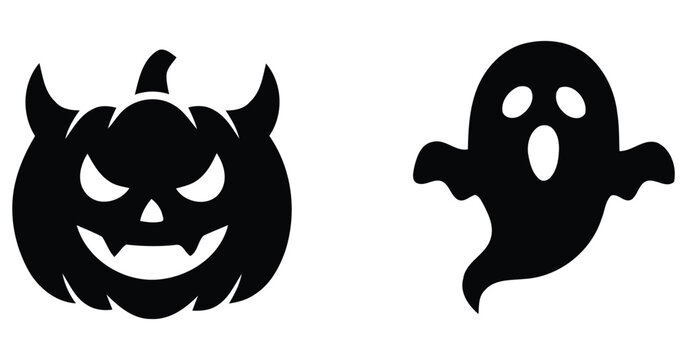Spooky Halloween Devil Pumpkin with Horns and Angry Smile Face alongside Creepy Flying Sheet Ghost Silhouette Holiday Solid Glyph Vector Set