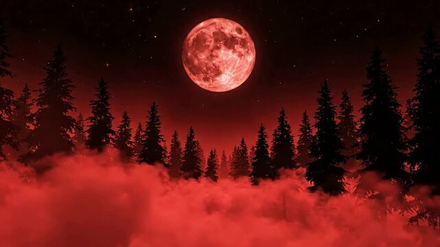Eerie red full moon over dark pine forest with rolling mist at night red moon night sky dark forest
