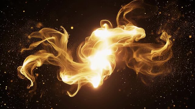 Abstract golden energy particles and swirling smoke light effects on dark background 4k video