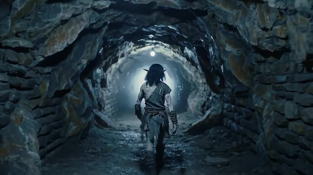 A shadowy creature walks down a dark, stone-lined tunnel.