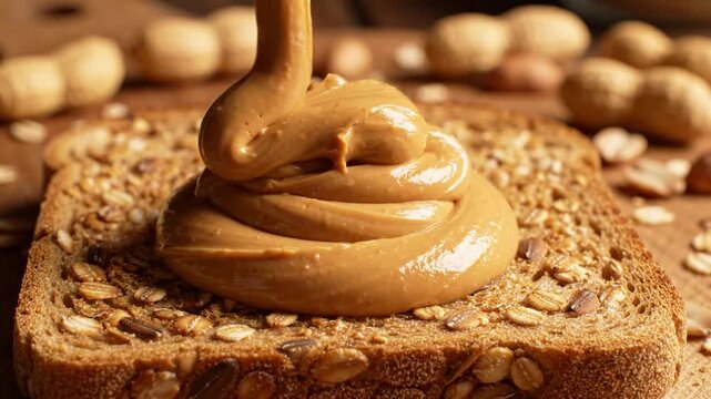 Creamy peanut butter swirl pouring onto whole grain toast for healthy breakfast concept