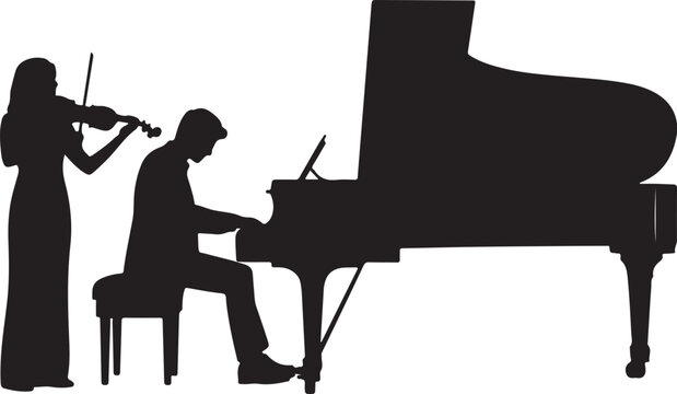 Silhouette of a female violinist and a male pianist playing a grand piano together, musical performance concept, classical music duo, artistic illustration of musicians
