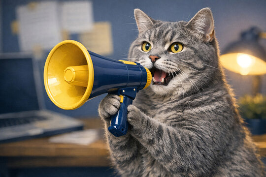 A cartoon grey cat holding a yellow megaphone and making an announcement in an office setting.