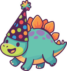 Cute cartoon stegosaurus dinosaur wearing a polka dot party hat celebrating birthday vector illustration isolated on white background for kids design © AdhinChandra