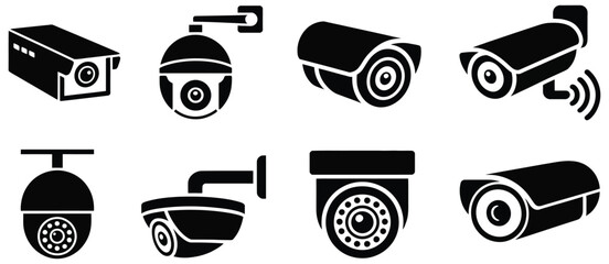 Security Camera Icons Featuring Surveillance Equipment and CCTV Systems for Video Monitoring, Clean Modern Vector Set for Safety Protection and Security Dashboards © Razzak