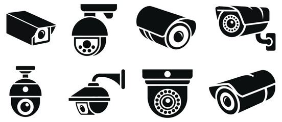 Security Camera Icons Featuring Surveillance Equipment and CCTV Systems for Video Monitoring, Clean Modern Vector Set for Safety Protection and Security Dashboards © Razzak