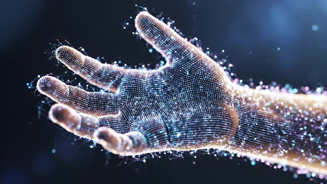 A digital hand formed by glowing particles.